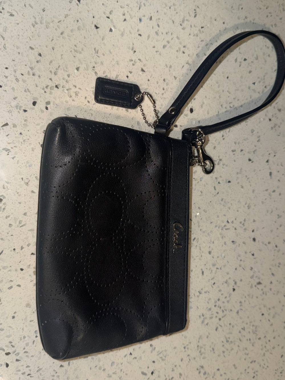 Coach Black Leather Wristlet Clutch with Signature Perforated C Pattern